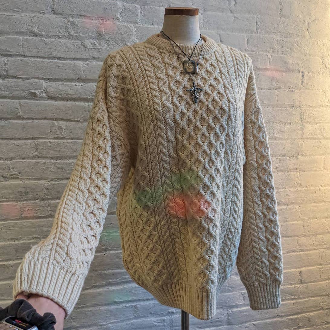 Vintage Chunky Cable Knit Wool Grandpa Sweater Minimalist Grunge Earthtone Top