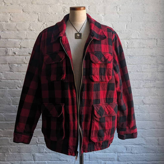 90s Vintage Dickies Red Buffalo Plaid Flannel Jacket Utility Sherpa Blanket Coat