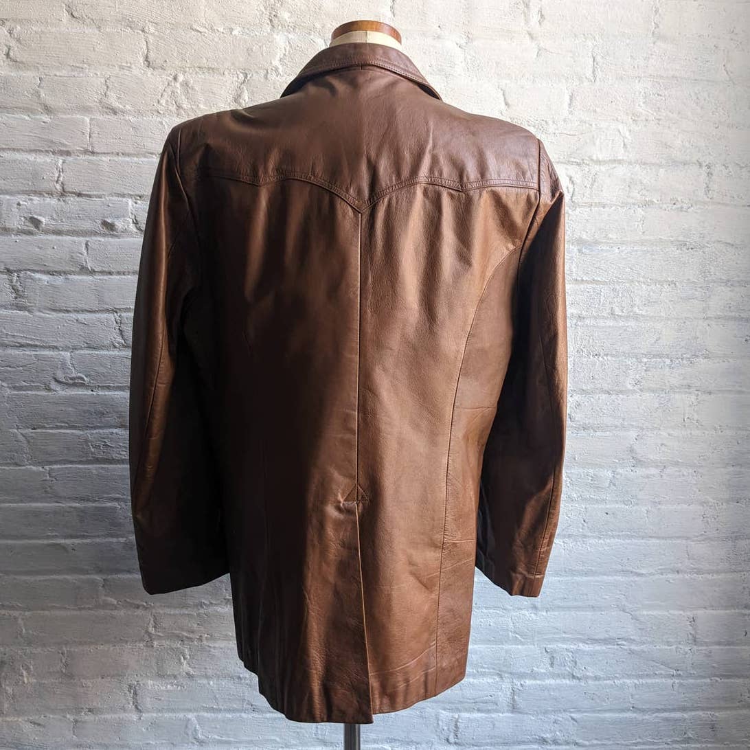 70s 80s Vintage Western Pioneer Wear Leather Duster Rust Brown Blazer Jacket