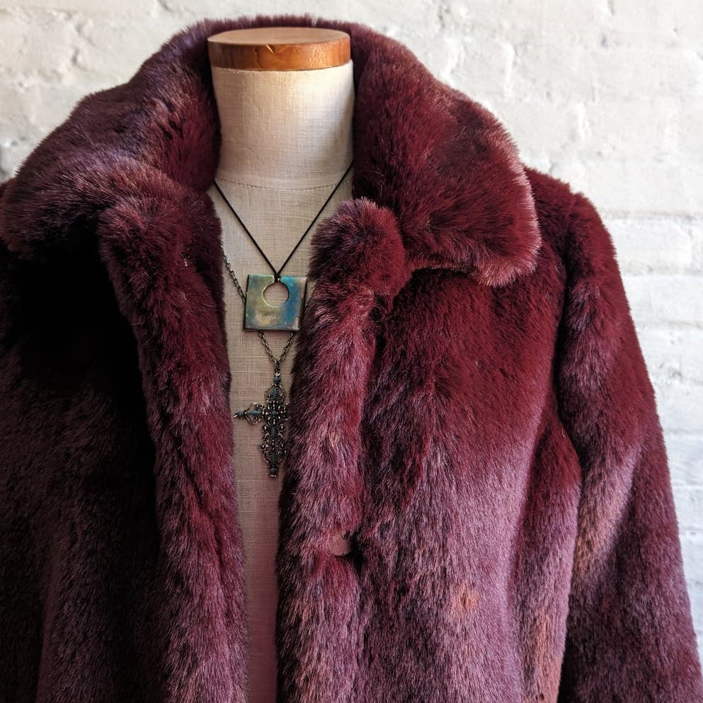 Retro Penny Lane Vegan Velvet Fur Trench Coat Minimalist Furry Mob Wife Jacket