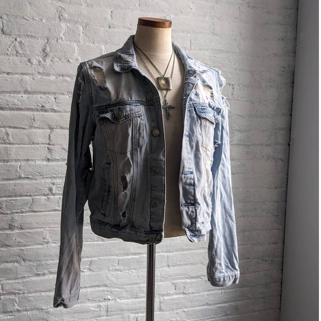 Y2K Distressed Biker Denim Jacket Grunge Acid Wash Coat Minimalist Jean Shacket