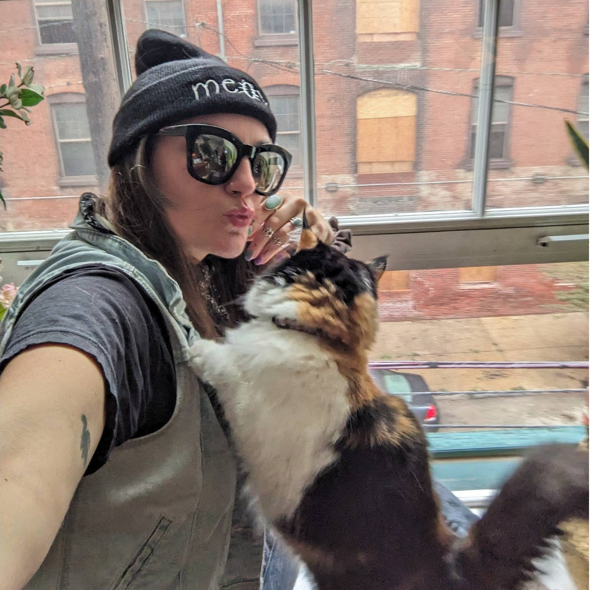 Y2K Kawaii Black Cat Meow Embroidered Beanie Ribbed Kitty Minimalist Grunge Hat