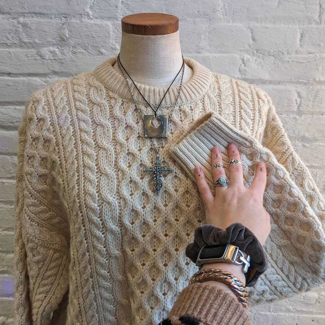 Vintage Chunky Cable Knit Wool Grandpa Sweater Minimalist Grunge Earthtone Top