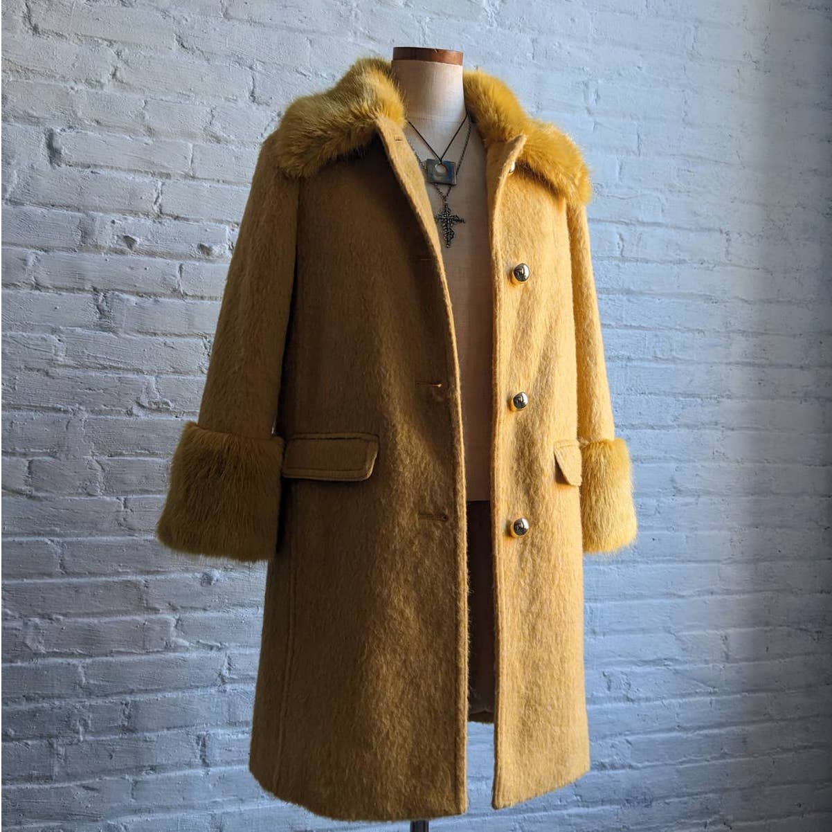 Retro 70s style Groovy Yellow Wool Yellow Penny Lane Jacket Shag Trench Coat