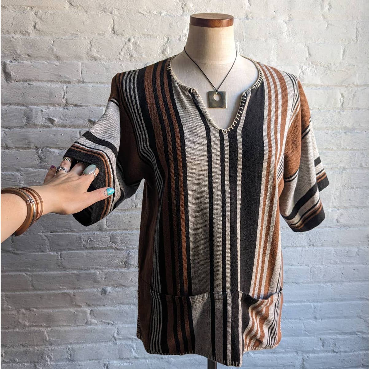 Vintage Boho Striped Groovy Hippie Top Handsewn Woven Rasta Knit Retro Shirt