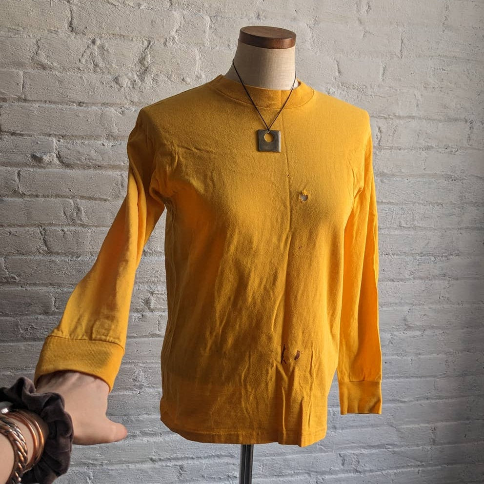 Vintage Yellow Crewneck Longsleeve Tee Thrashed Print Single Stitch Tshirt Top