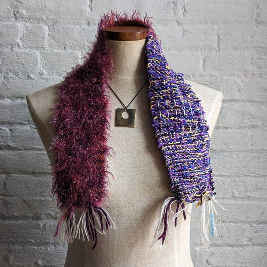 Y2K Vintage Kawaii Fairycore Fuzzy Knit Scarf Two Tone Colorblock Shag Fringe