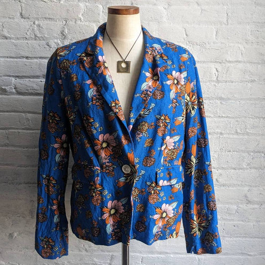70s Retro Mod Cloth Groovy Floral Linen Blazer Vibrant Flowers Shacket Jacket
