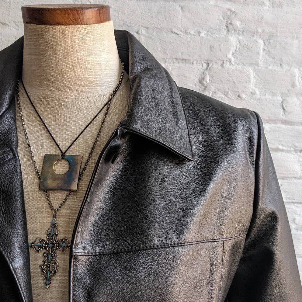 Y2K Vintage Minimalist Leather Trench Coat Jacket Chic Biker Moto Goth Duster