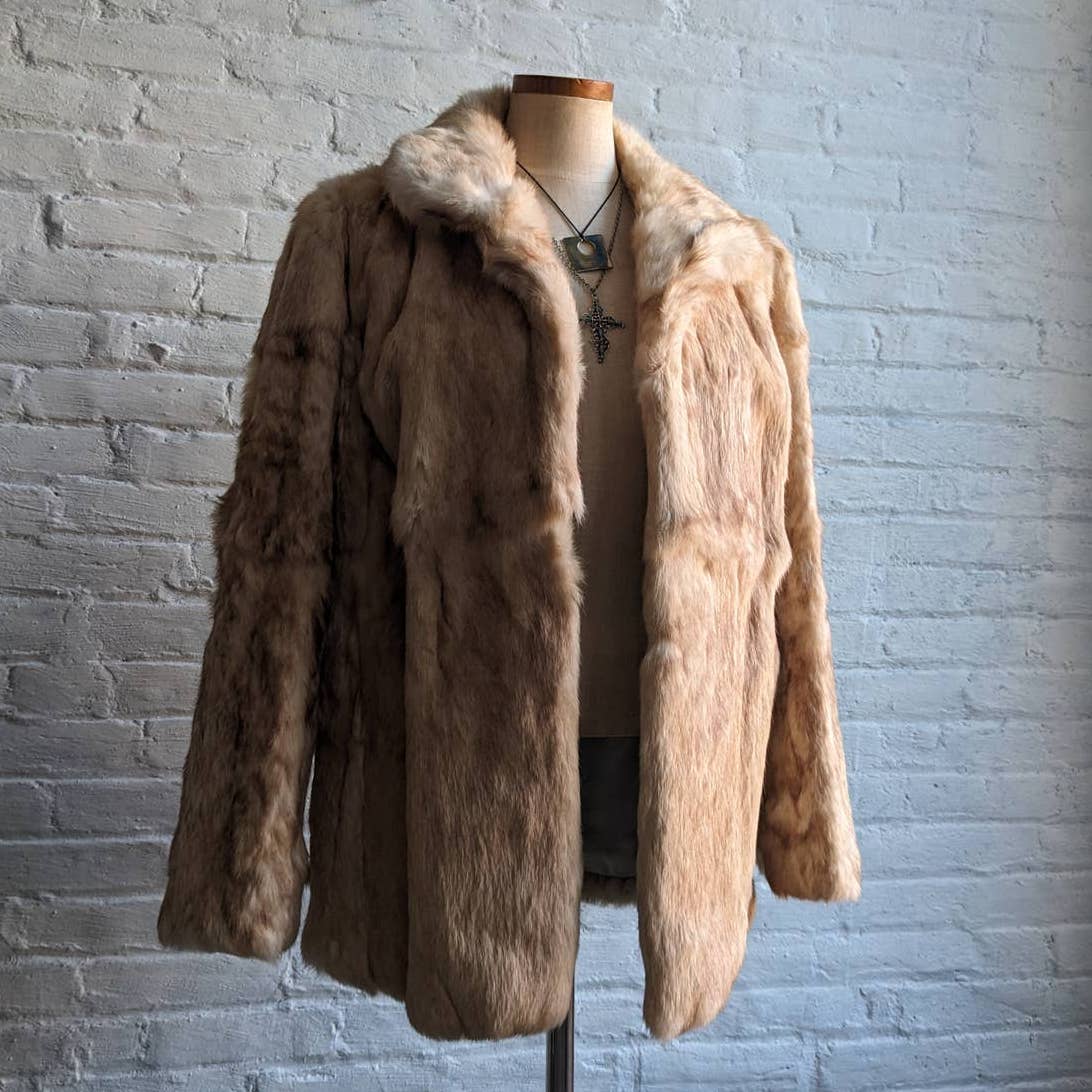 Y2K Vintage Ombre Rabbit Fur Coat Minimalist Shaggy Bomber Furry Fuzzy Jacket