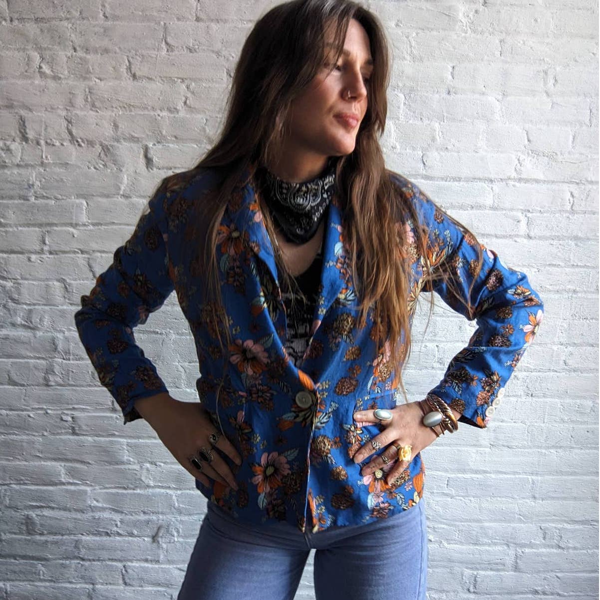 70s Retro Mod Cloth Groovy Floral Linen Blazer Vibrant Flowers Shacket Jacket