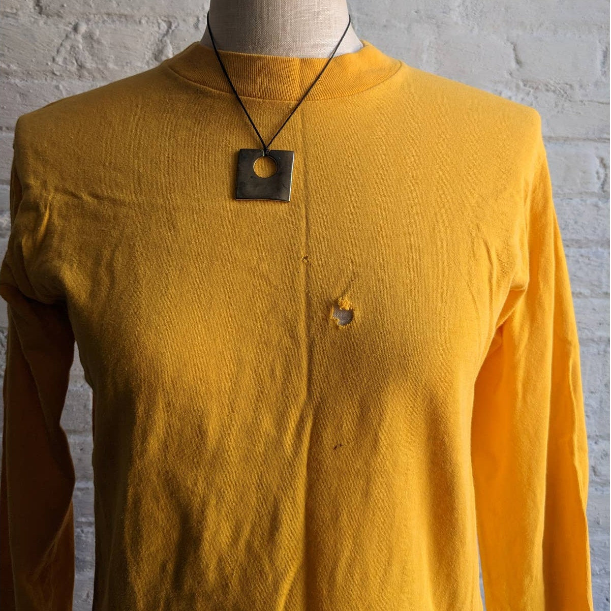 Vintage Yellow Crewneck Longsleeve Tee Thrashed Print Single Stitch Tshirt Top