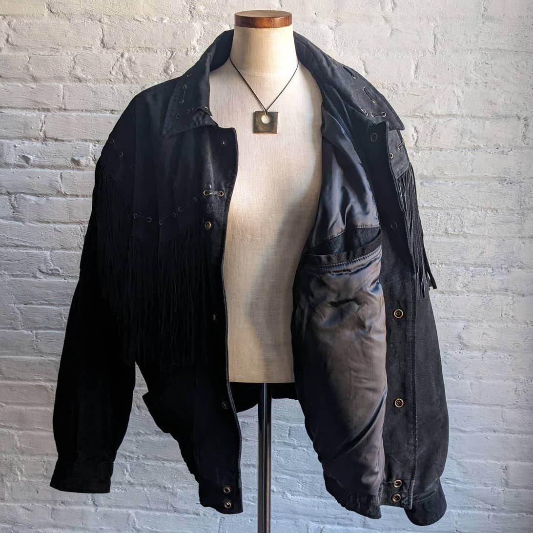 Vintage Black Suede Leather Fringe Biker Jacket Western Genuine Leather Coat