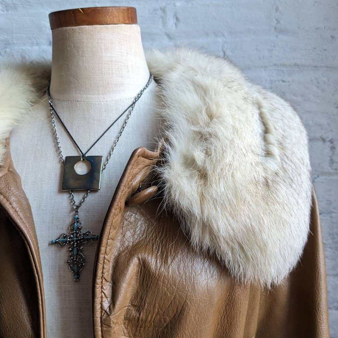 Vintage Minimalist Leather Penny Lane Trench Coat Belted Genuine Fox Fur Jacket