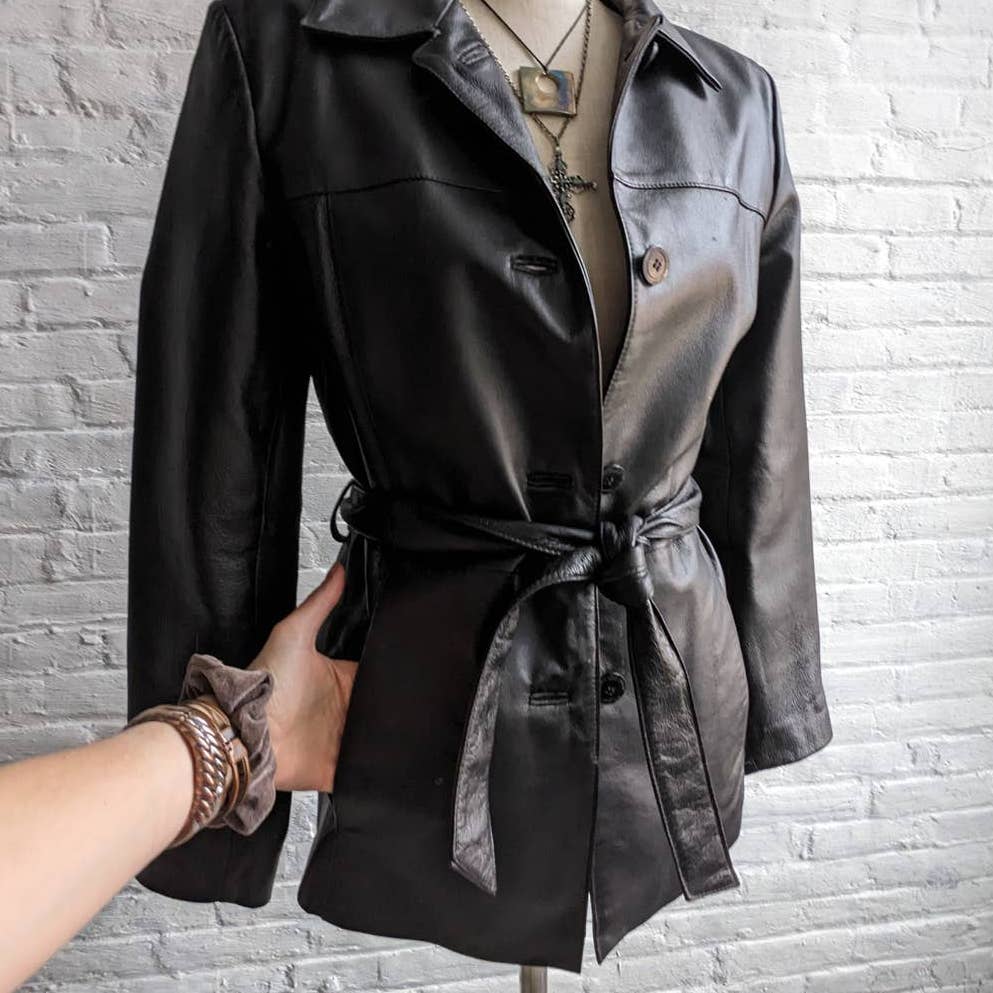 Y2K Vintage Minimalist Leather Trench Coat Jacket Chic Biker Moto Goth Duster