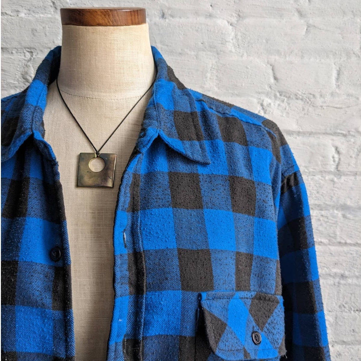 Y2K Vintage Blue Plaid Flannel Utility Blanket Thermal Oversize Coat Jacket