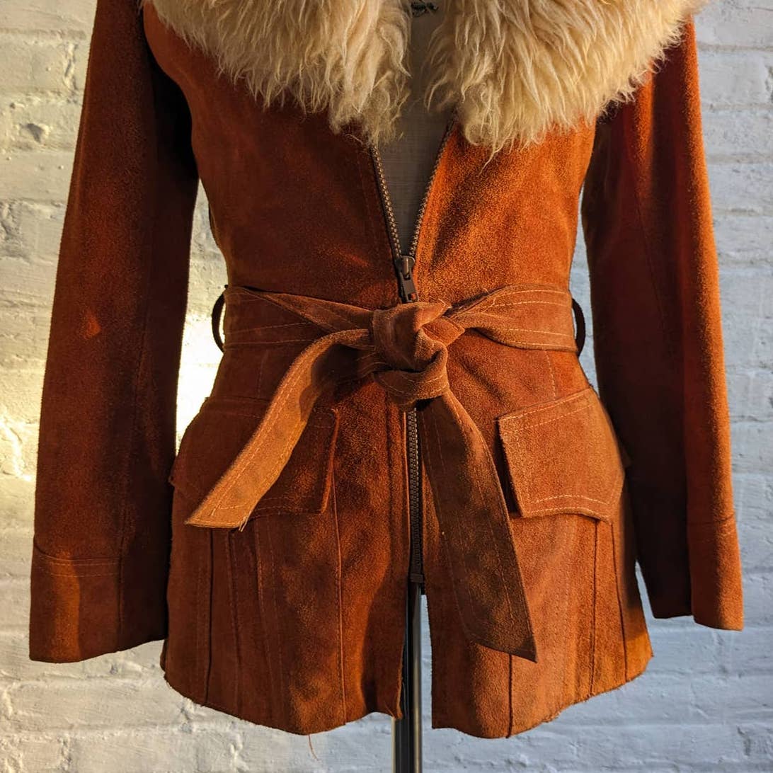 70s Penny Lane Groovy Suede Fur Jacket Furry Genuine Leather Mod Trench Coat
