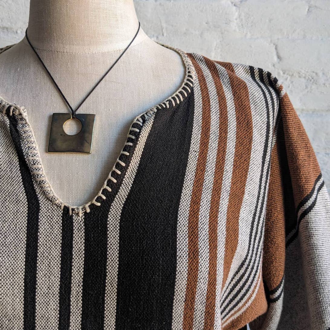 Vintage Boho Striped Groovy Hippie Top Handsewn Woven Rasta Knit Retro Shirt