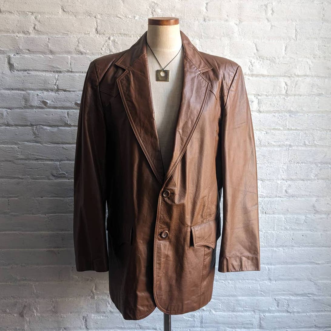 70s 80s Vintage Western Pioneer Wear Leather Duster Rust Brown Blazer Jacket