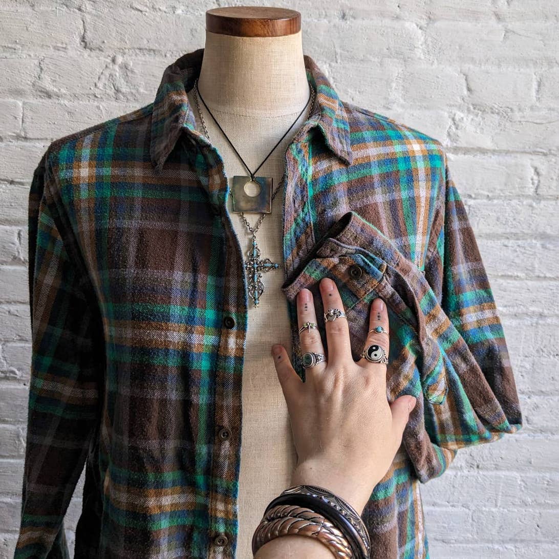 Y2K Oversize Boyfriend Plaid Flannel Skater Academia Grunge Earthy Forest Top