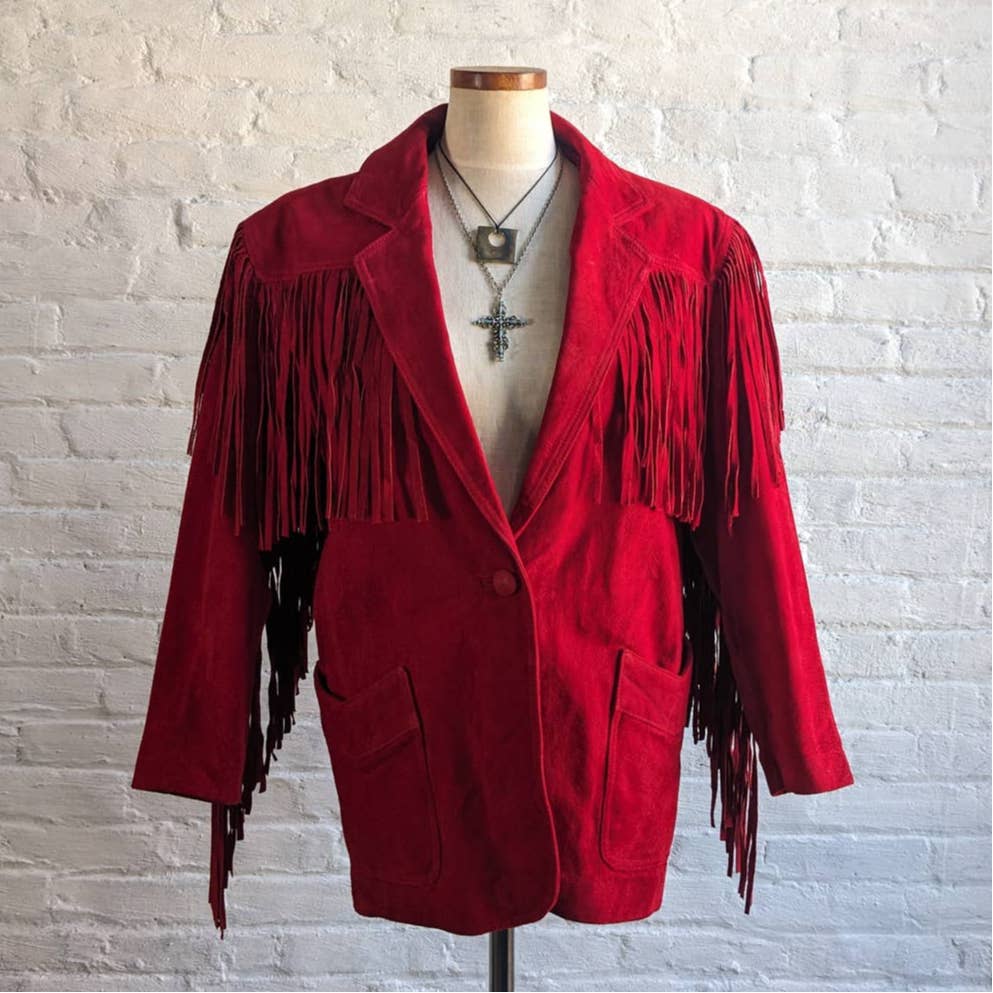 Vintage Cherry Red Suede Leather Fringe Southwest Biker Jacket Moto Western Coat