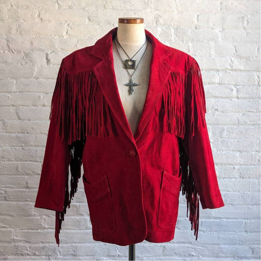 Vintage Cherry Red Suede Leather Fringe Southwest Biker Jacket Moto Western Coat