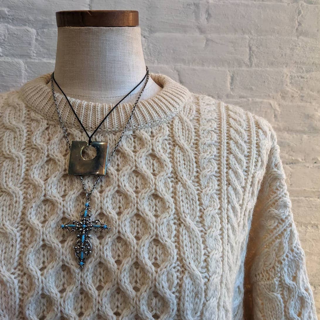 Vintage Chunky Cable Knit Wool Grandpa Sweater Minimalist Grunge Earthtone Top