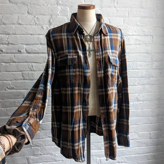 Vintage Oversize Boyfriend Plaid Flannel Dark Academia Grunge Earthy Forest Top