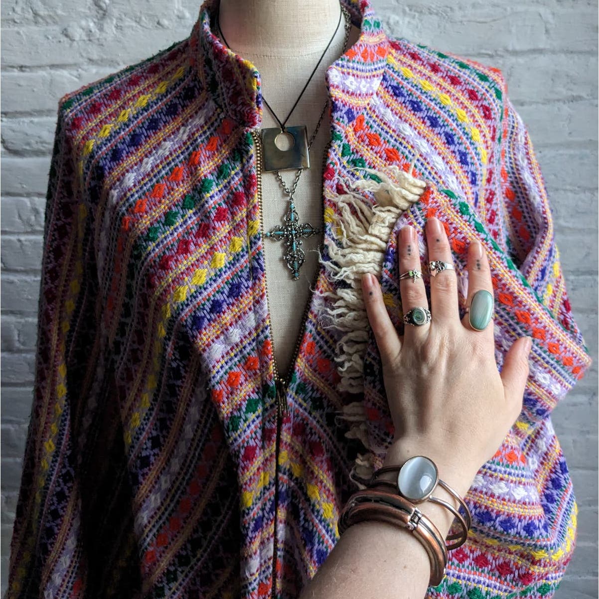 70s Vintage Knit Rainbow Southwest Blanket Poncho Hippie Fringe Trippy Vest Cape