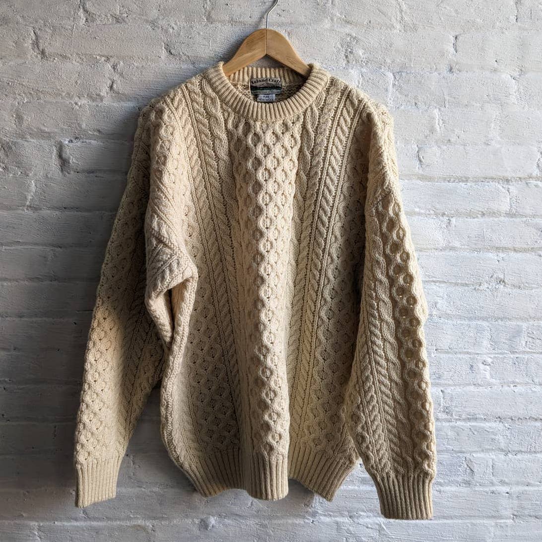 Vintage Chunky Cable Knit Wool Grandpa Sweater Minimalist Grunge Earthtone Top