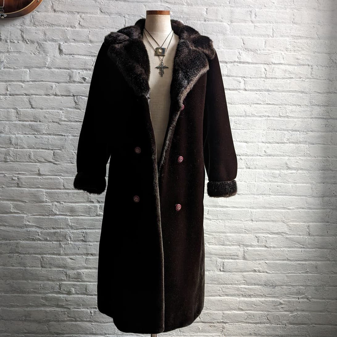 70s Vintage Vegan Velvet Fur Trench Coat Mob Wife Black Brown Penny Lane Jacket