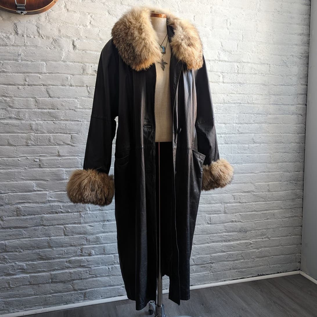 80s Vintage Black Leather Penny Lane Trench Coat Minimalist Biker Fox Fur Jacket