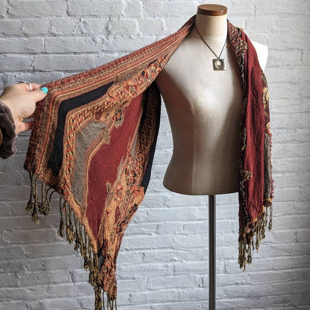 Vintage Floral Fringe 70s style Dark Boho Scarf Rust Red Fall Grunge Fairy Wrap