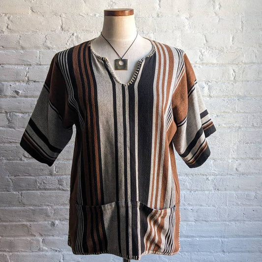 Vintage Boho Striped Groovy Hippie Top Handsewn Woven Rasta Knit Retro Shirt