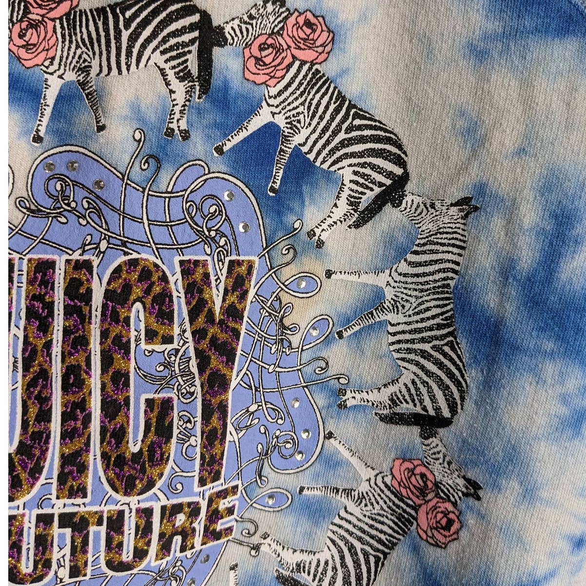 Y2K Vintage Juicy Couture Trippy Zebra Roses Cheetah Glitter Print Tie Dye Top