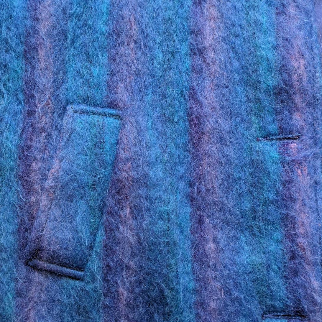 90s Vintage Blue Striped Mohair Wool Trench Coat Funky Shaggy Fuzzy Furry Jacket