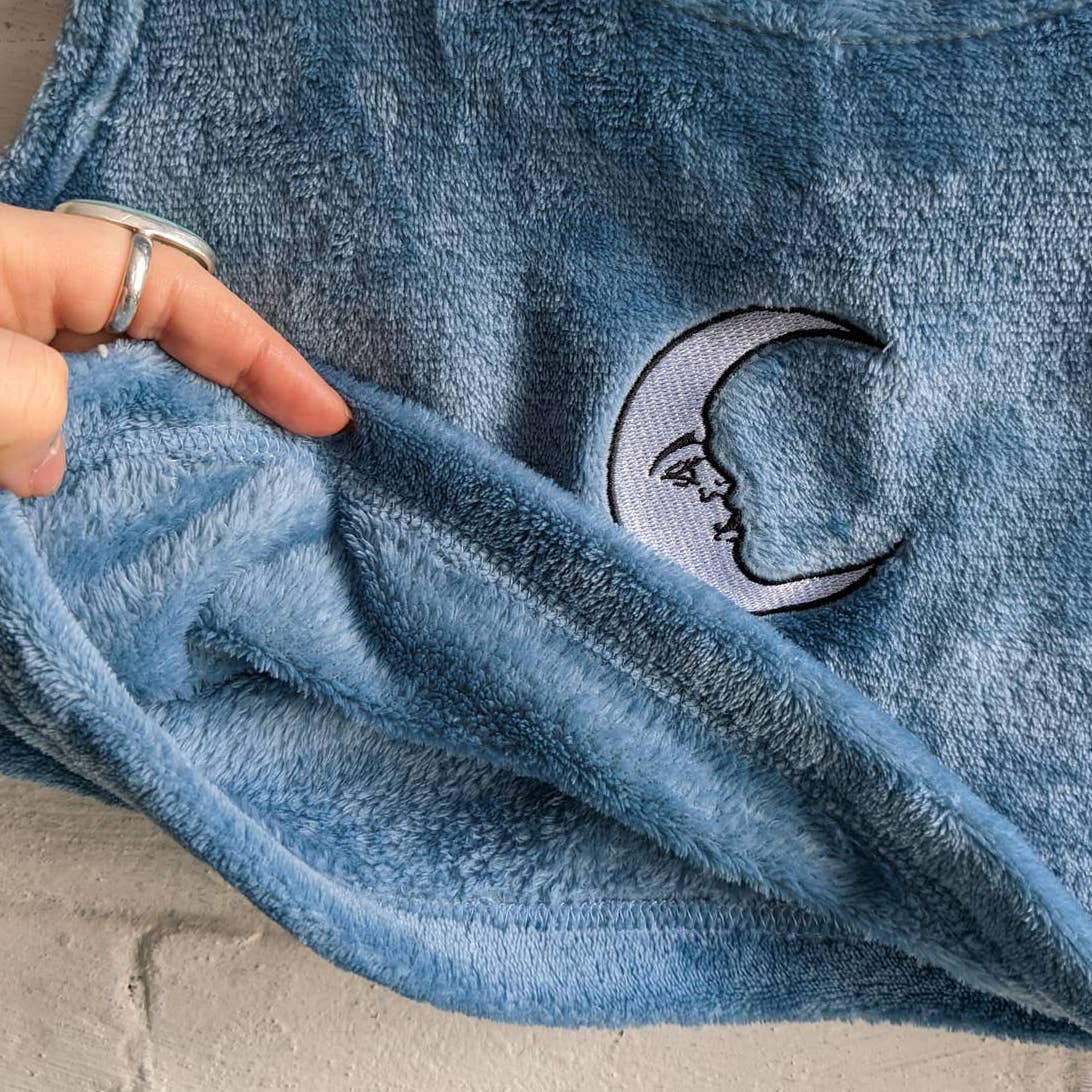 Y2K Vintage Witchy Moon Lunar Embroidered Muted Baby Blue Fleece Crop Top