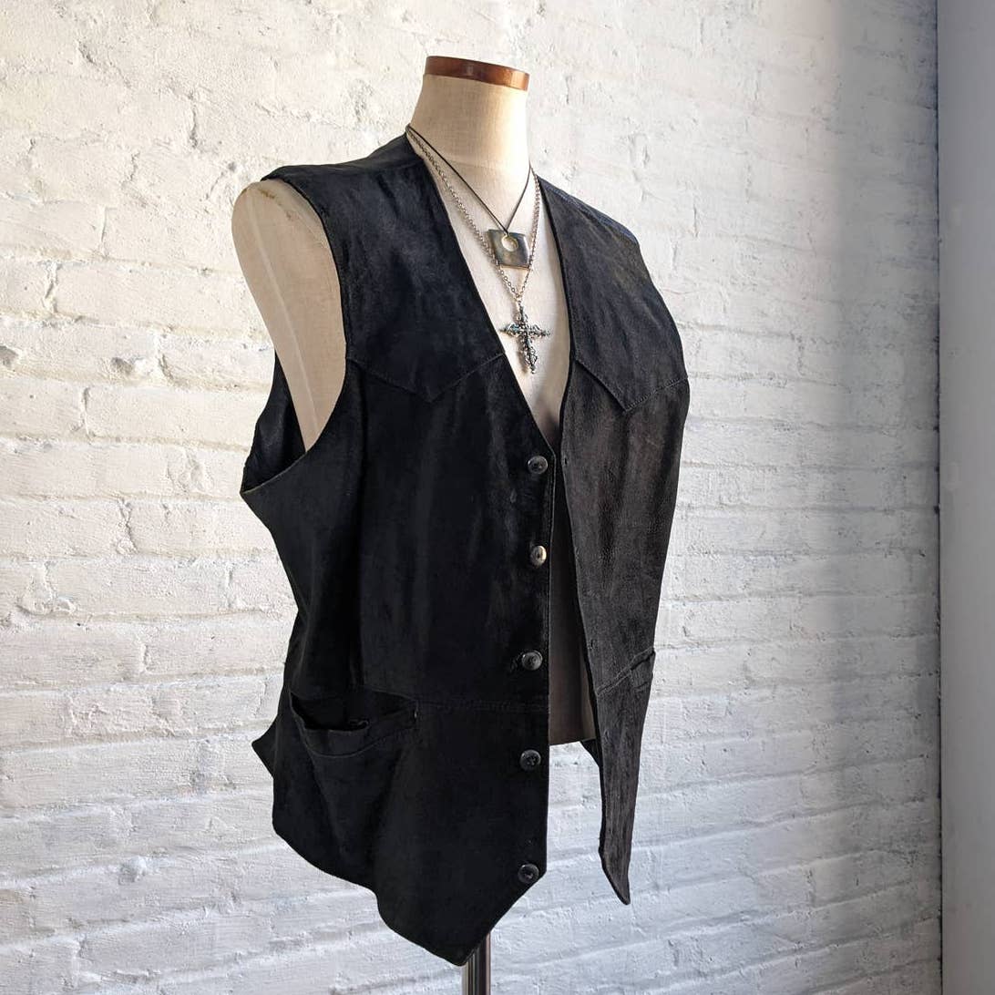 Vintage Black Genuine Leather Biker Vest Grunge Goth Moto Western Motorcycle Top