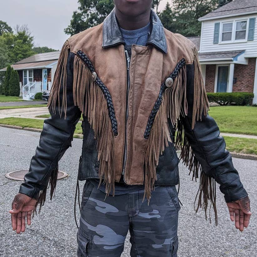 Vintage Two Tone Southwest Leather Fringe Biker Jacket Concho Motorcycle Western