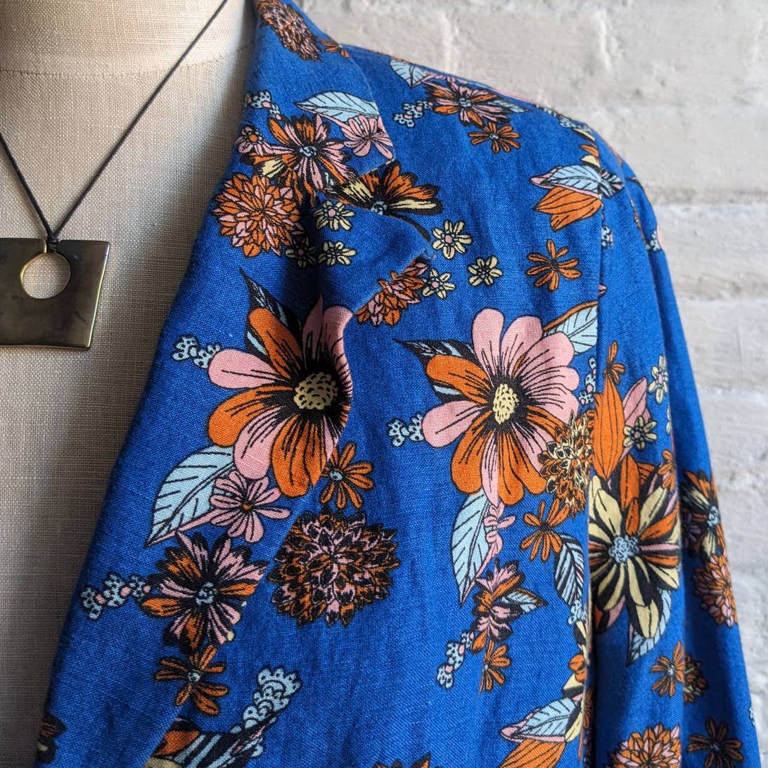 70s Retro Mod Cloth Groovy Floral Linen Blazer Vibrant Flowers Shacket Jacket
