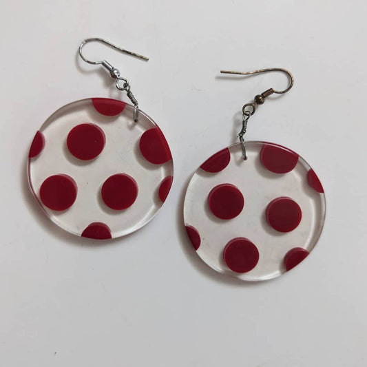 Retro 60s style Mod Oversize Red Polkadot Circular Clear Resin Dangle Earrings