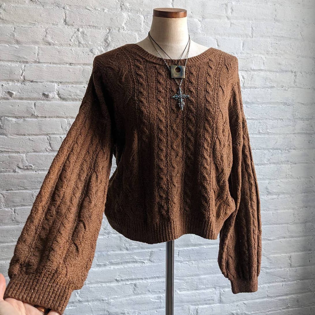 Y2K Cozy Chunky Cable Knit Cropped Sweater Minimalist Boho Chic Ribbed Tie Top