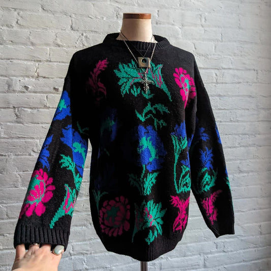90s Vintage Chunky Knit Floral Grunge Granny Sweater Statement Earthy Trippy Top