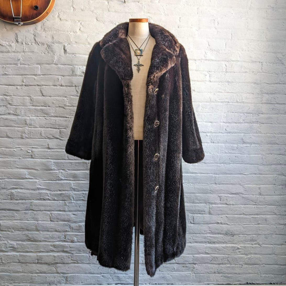 70s Vintage Vegan Mink Fur Trench Coat Mob Wife Black Brown Penny Lane Jacket