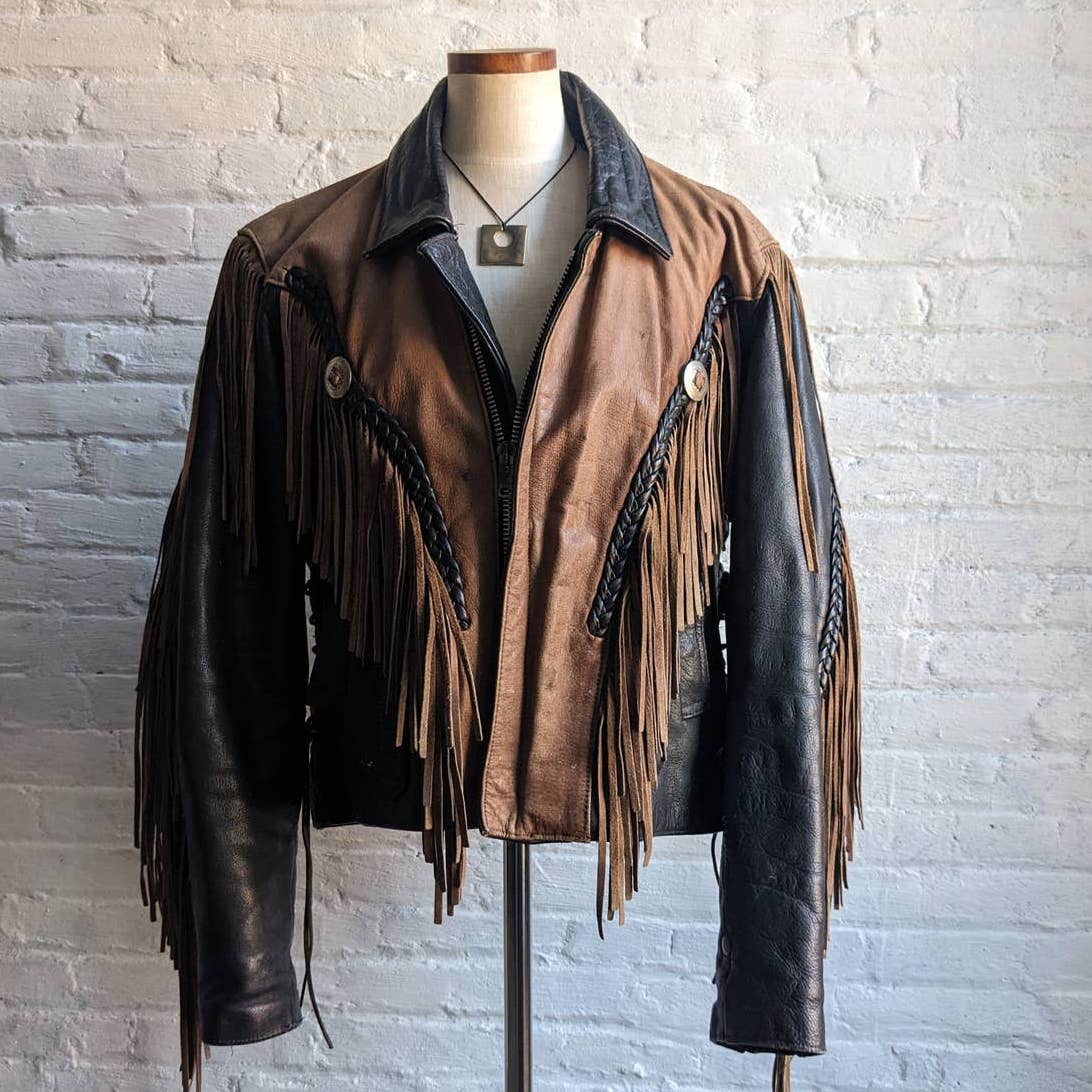 Vintage Two Tone Southwest Leather Fringe Biker Jacket Concho Motorcycle Western