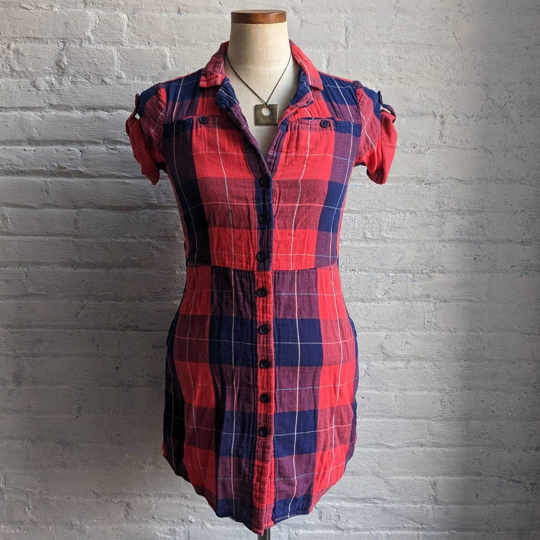 Urban Outfitters Red Plaid Dress Y2K Western Cowgirl Classic Flannel Shirt Dress