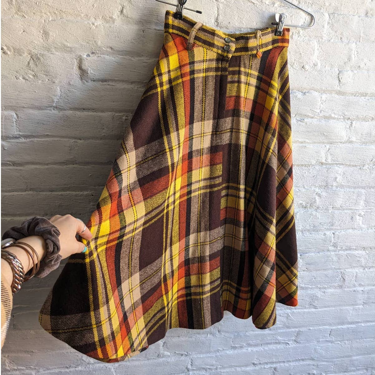 70s Vintage Groovy Plaid Flannel Midi Skirt Western Flared Grunge Cowgirl Skirt
