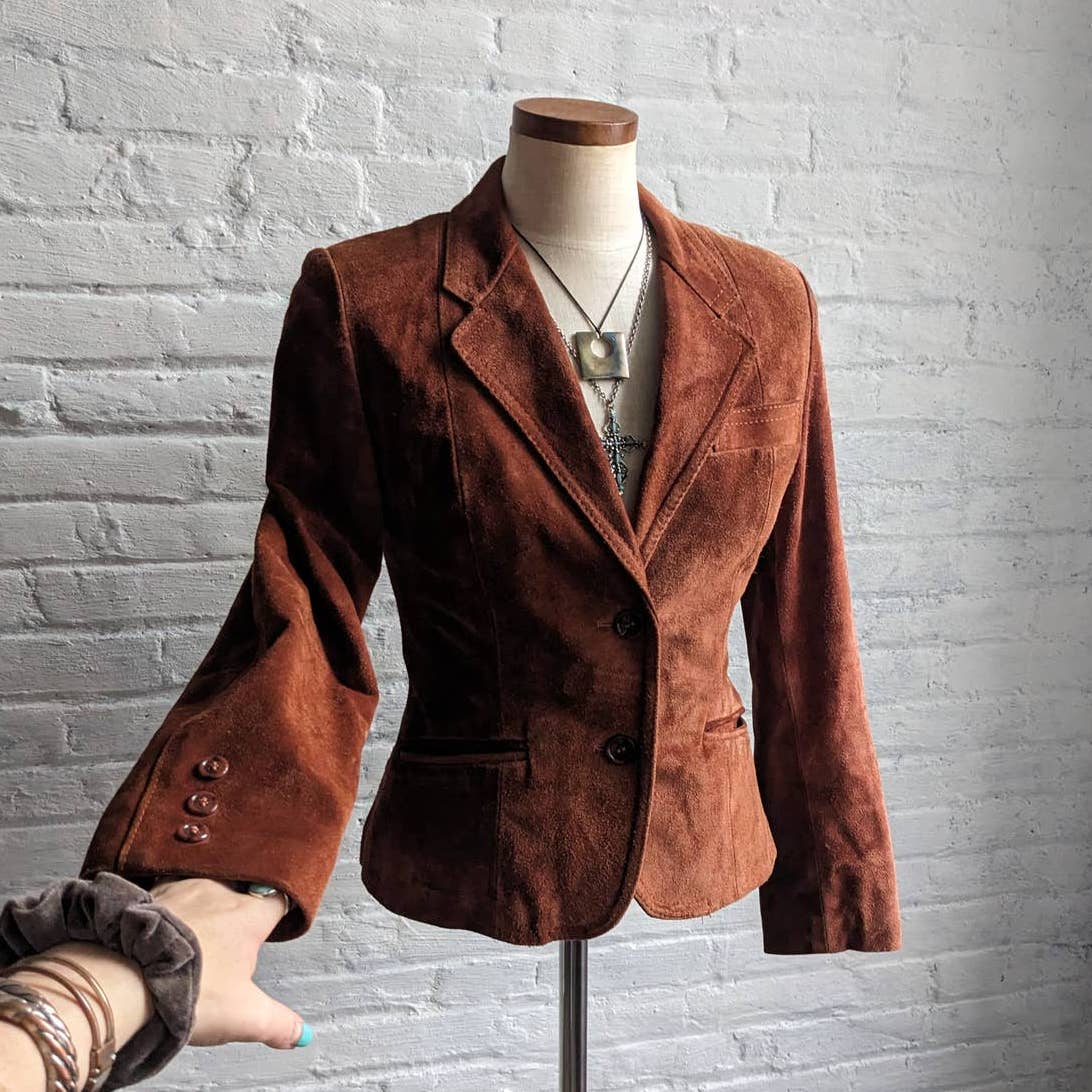 70s Vintage Western Minimalist Suede Blazer Orange Rust Leather Cowgirl Jacket