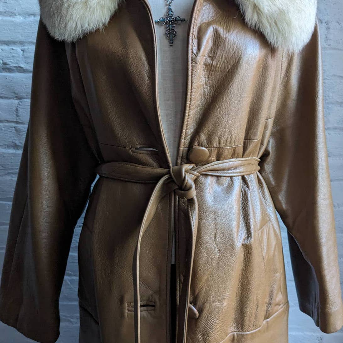 Vintage Minimalist Leather Penny Lane Trench Coat Belted Genuine Fox Fur Jacket