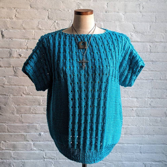 Vintage 80s Minimalist Chunky Crochet Kawaii Granny Sweater Blue Cottagecore Top